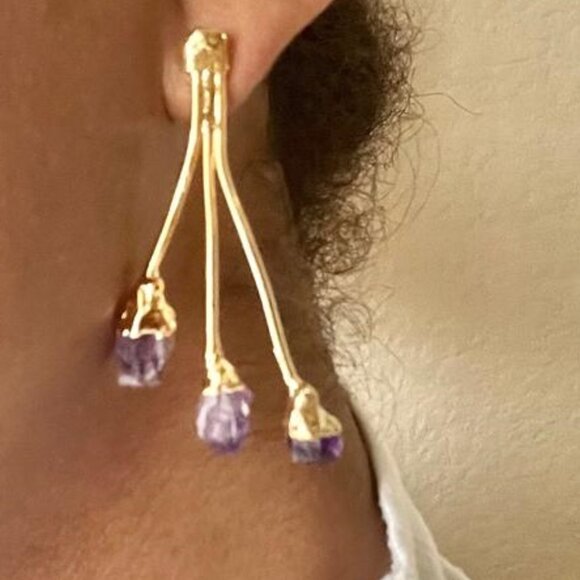 Gold  Amethyst Gemstone Nugget Cuff Bracelet, Ring & Earrings Set - Picture 4 of 4